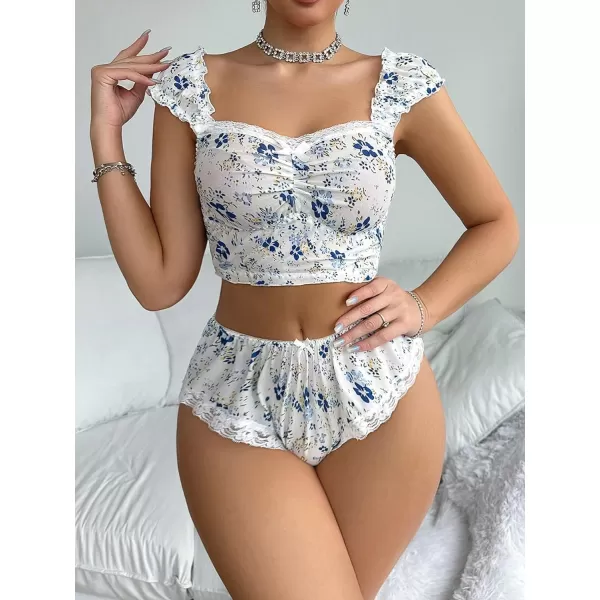 SweatyRocks Women's 2 Piece Pajama Set Lace Trim Floral Print Ruched Cami Top and Shorts Sleepwear