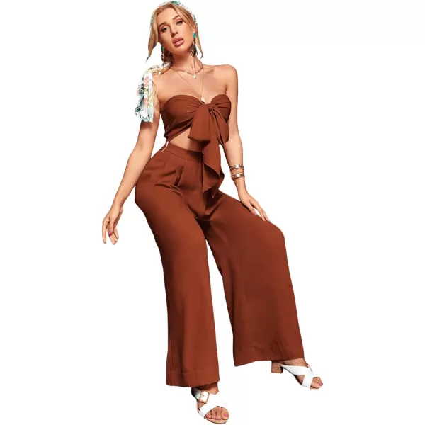 SweatyRocks Women's 2 Piece Sexy Outfits Sleeveless Tie Front Crop Top Wide Leg Pants Set