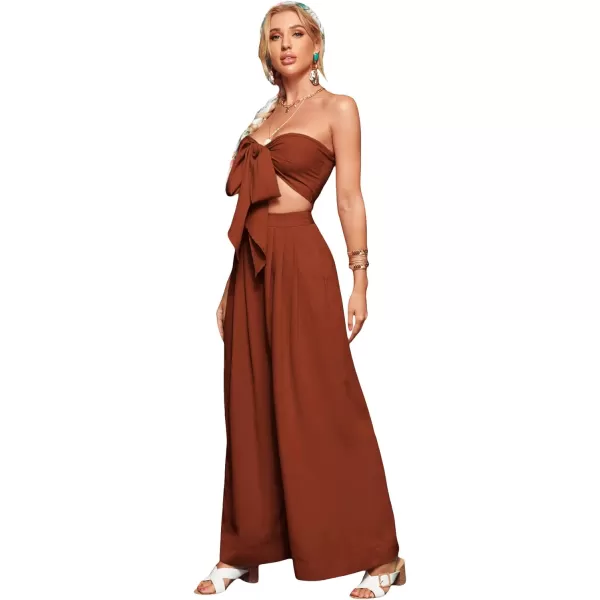 SweatyRocks Women's 2 Piece Sexy Outfits Sleeveless Tie Front Crop Top Wide Leg Pants Set