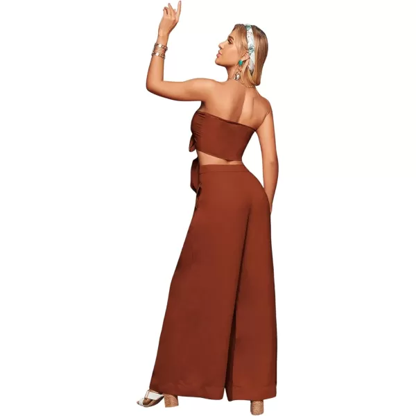 SweatyRocks Women's 2 Piece Sexy Outfits Sleeveless Tie Front Crop Top Wide Leg Pants Set