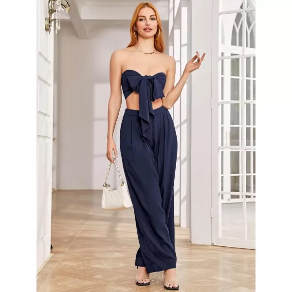 SweatyRocks Women's 2 Piece Sexy Outfits Sleeveless Tie Front Crop Top Wide Leg Pants Set