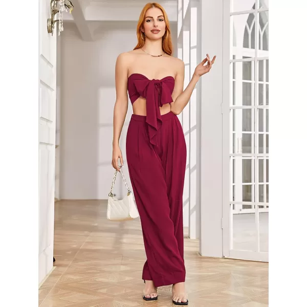 SweatyRocks Women's 2 Piece Sexy Outfits Sleeveless Tie Front Crop Top Wide Leg Pants Set