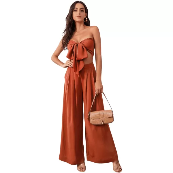 SweatyRocks Women's 2 Piece Sexy Outfits Sleeveless Tie Front Crop Top Wide Leg Pants Set