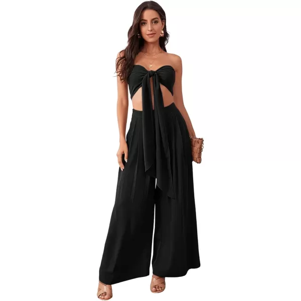 SweatyRocks Women's 2 Piece Sexy Outfits Sleeveless Tie Front Crop Top Wide Leg Pants Set