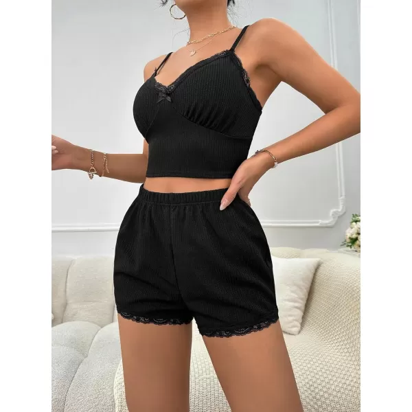 SweatyRocks Women's 2 Piece Sleepwear Lace Trim Ribbed Crop Cami Top and Shorts Pajama Set