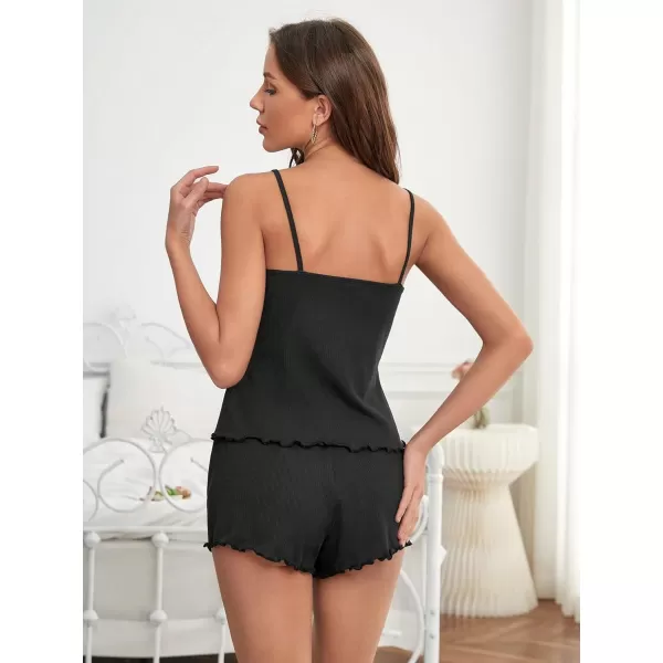 SweatyRocks Women's 2 Piece Sleepwear Lace Trim Ribbed Crop Cami Top and Shorts Pajama Set