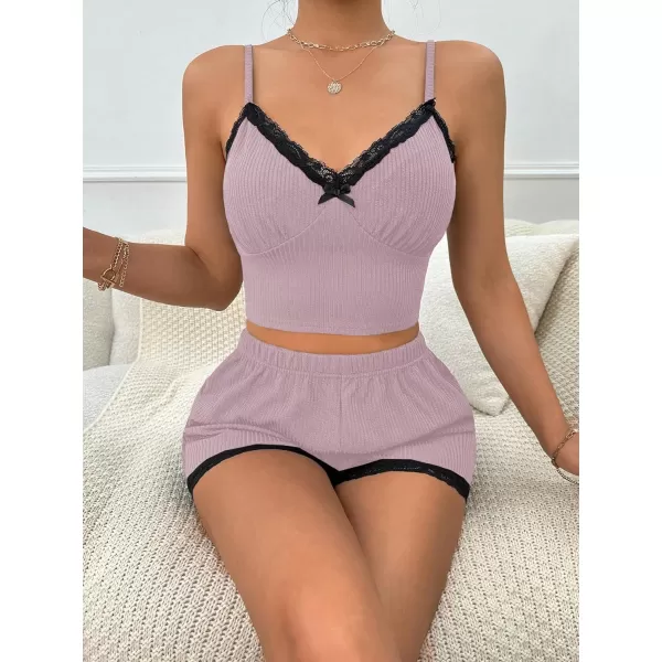 SweatyRocks Women's 2 Piece Sleepwear Lace Trim Ribbed Crop Cami Top and Shorts Pajama Set