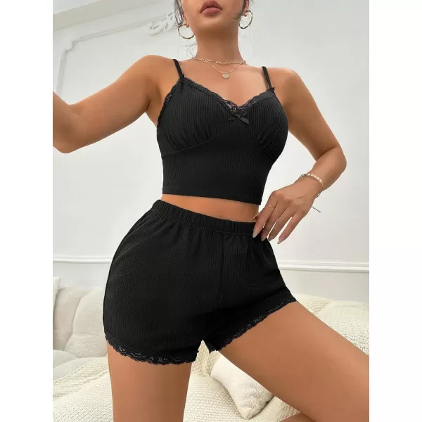 SweatyRocks Women's 2 Piece Sleepwear Lace Trim Ribbed Crop Cami Top and Shorts Pajama Set