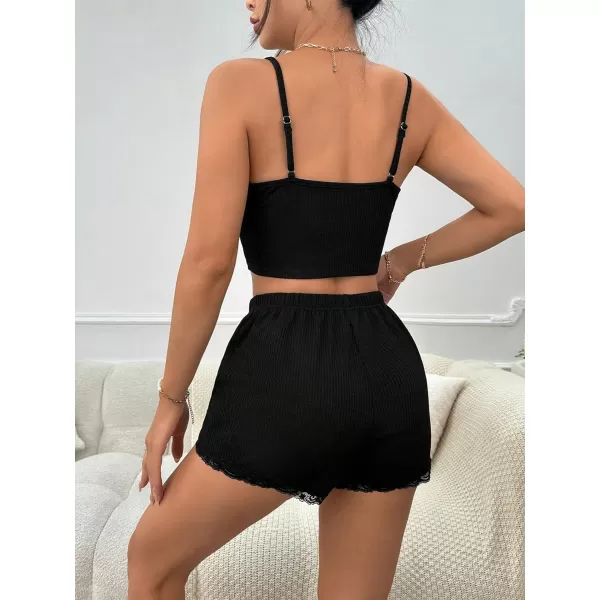 SweatyRocks Women's 2 Piece Sleepwear Lace Trim Ribbed Crop Cami Top and Shorts Pajama Set