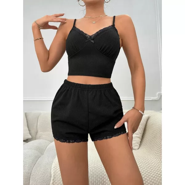 SweatyRocks Women's 2 Piece Sleepwear Lace Trim Ribbed Crop Cami Top and Shorts Pajama Set