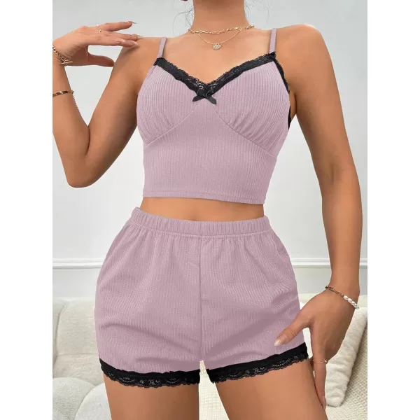 SweatyRocks Women's 2 Piece Sleepwear Lace Trim Ribbed Crop Cami Top and Shorts Pajama Set