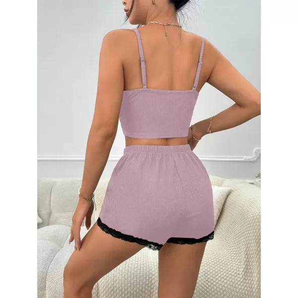 SweatyRocks Women's 2 Piece Sleepwear Lace Trim Ribbed Crop Cami Top and Shorts Pajama Set