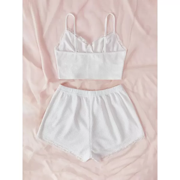 SweatyRocks Women's 2 Piece Sleepwear Lace Trim Ribbed Crop Cami Top and Shorts Pajama Set