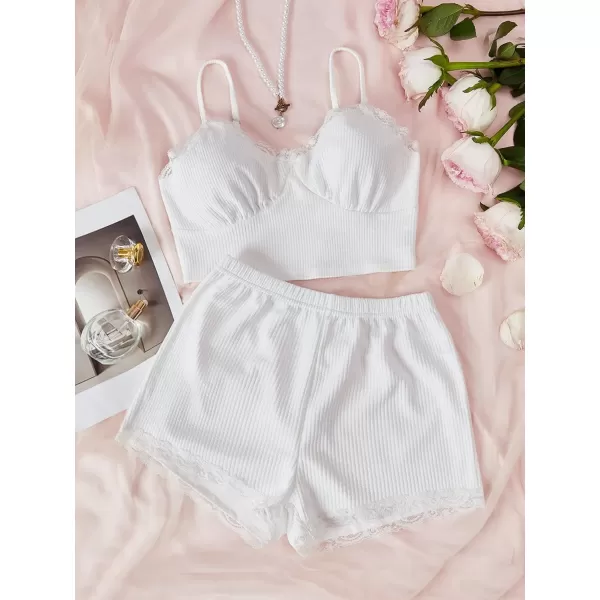 SweatyRocks Women's 2 Piece Sleepwear Lace Trim Ribbed Crop Cami Top and Shorts Pajama Set
