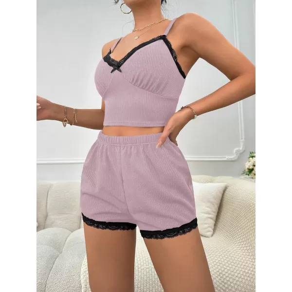 SweatyRocks Women's 2 Piece Sleepwear Lace Trim Ribbed Crop Cami Top and Shorts Pajama Set