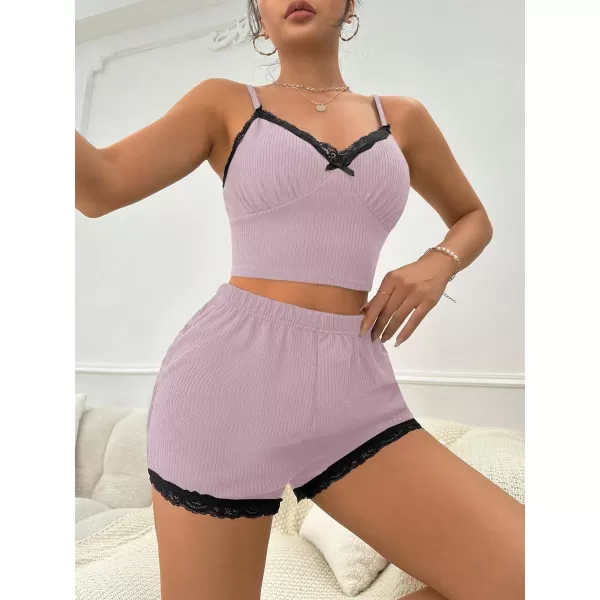 SweatyRocks Women's 2 Piece Sleepwear Lace Trim Ribbed Crop Cami Top and Shorts Pajama Set