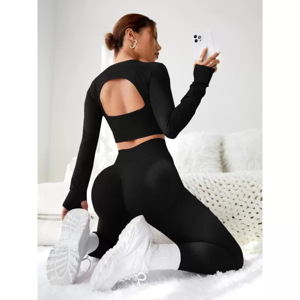 SweatyRocks Women's 2 Piece Sports Outfit Solid Cut Out Back Long Sleeve Crop Top and Leggings Set Activewear