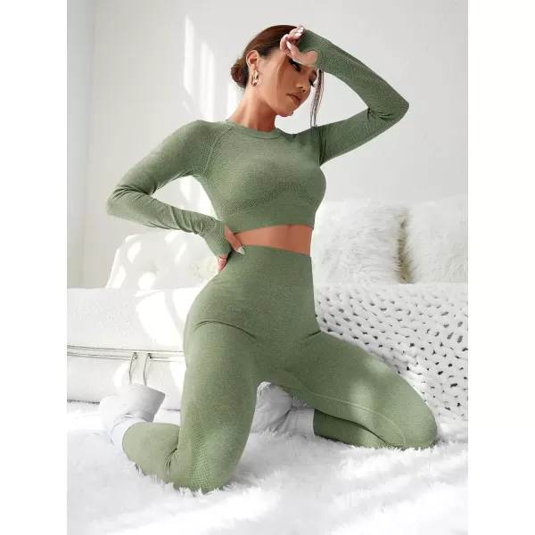 SweatyRocks Women's 2 Piece Sports Outfit Solid Cut Out Back Long Sleeve Crop Top and Leggings Set Activewear