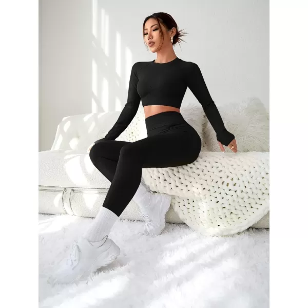 SweatyRocks Women's 2 Piece Sports Outfit Solid Cut Out Back Long Sleeve Crop Top and Leggings Set Activewear