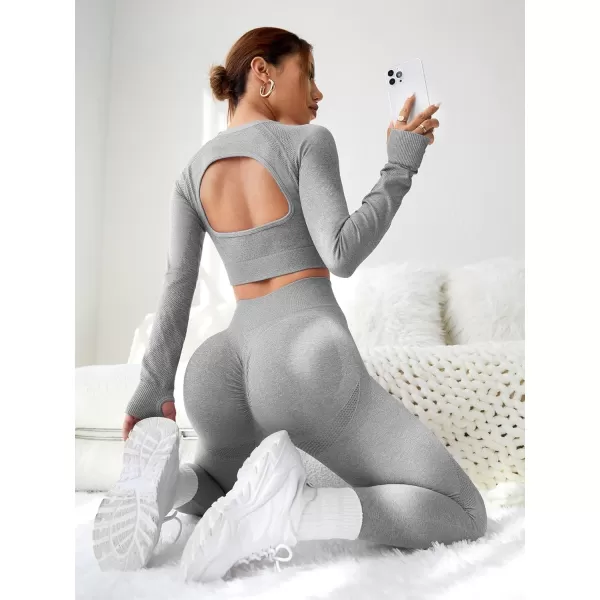 SweatyRocks Women's 2 Piece Sports Outfit Solid Cut Out Back Long Sleeve Crop Top and Leggings Set Activewear