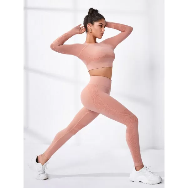 SweatyRocks Women's 2 Piece Sports Outfit Solid Cut Out Back Long Sleeve Crop Top and Leggings Set Activewear