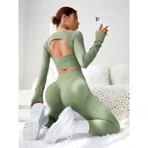 SweatyRocks Women's 2 Piece Sports Outfit Solid Cut Out Back Long Sleeve Crop Top and Leggings Set Activewear