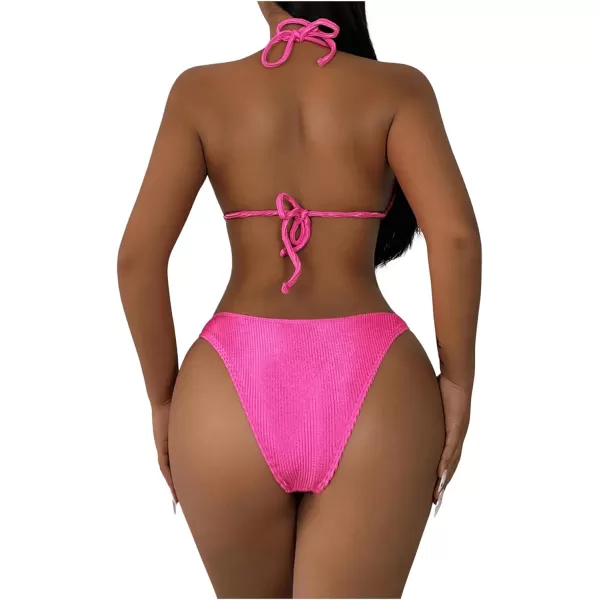 SweatyRocks Women's 2 Piece Triangle Bathing Suit Halter Top ​Tie Side Thong Bikini Swimsuits