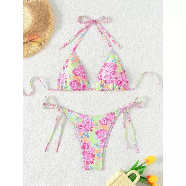 SweatyRocks Women's 2 Piece Triangle Bathing Suit Halter Top ​Tie Side Thong Bikini Swimsuits