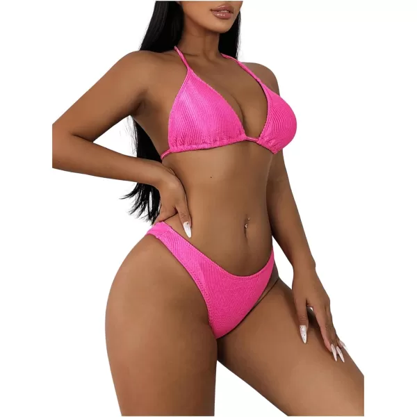 SweatyRocks Women's 2 Piece Triangle Bathing Suit Halter Top ​Tie Side Thong Bikini Swimsuits