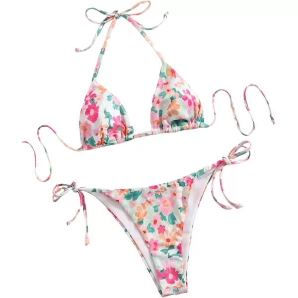 SweatyRocks Women's 2 Piece Triangle Bathing Suit Halter Top ​Tie Side Thong Bikini Swimsuits
