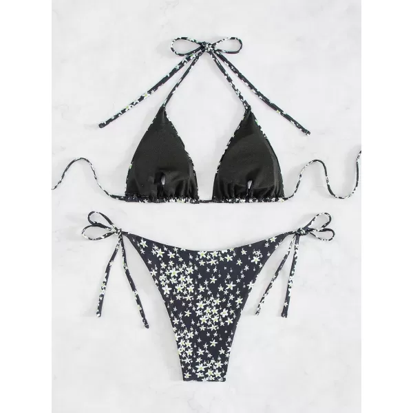 SweatyRocks Women's 2 Piece Triangle Bathing Suit Halter Top ​Tie Side Thong Bikini Swimsuits