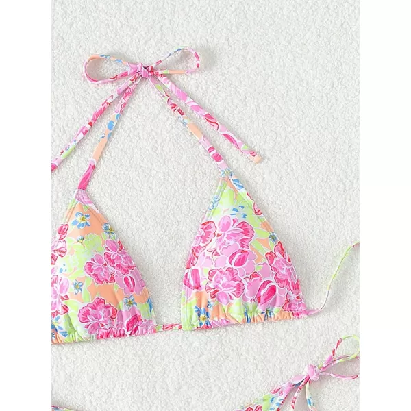 SweatyRocks Women's 2 Piece Triangle Bathing Suit Halter Top ​Tie Side Thong Bikini Swimsuits