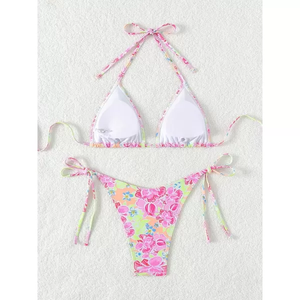SweatyRocks Women's 2 Piece Triangle Bathing Suit Halter Top ​Tie Side Thong Bikini Swimsuits