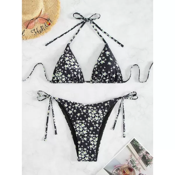 SweatyRocks Women's 2 Piece Triangle Bathing Suit Halter Top ​Tie Side Thong Bikini Swimsuits