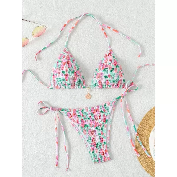 SweatyRocks Women's 2 Piece Triangle Bathing Suit Halter Top ​Tie Side Thong Bikini Swimsuits