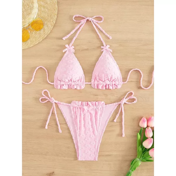 SweatyRocks Women's 2 Piece Triangle Bathing Suit Halter Top ​Tie Side Thong Bikini Swimsuits