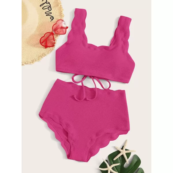 SweatyRocks Women's 2 Pieces Swimsuit High Waist Scalloped Trim Lace Up Bikini Set