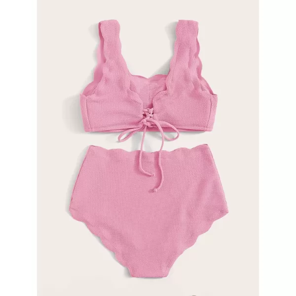 SweatyRocks Women's 2 Pieces Swimsuit High Waist Scalloped Trim Lace Up Bikini Set