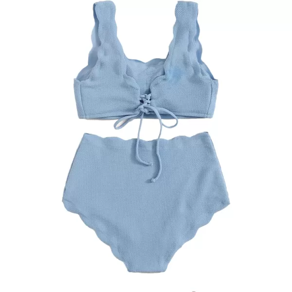 SweatyRocks Women's 2 Pieces Swimsuit High Waist Scalloped Trim Lace Up Bikini Set