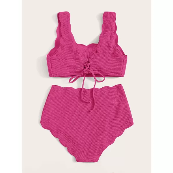 SweatyRocks Women's 2 Pieces Swimsuit High Waist Scalloped Trim Lace Up Bikini Set