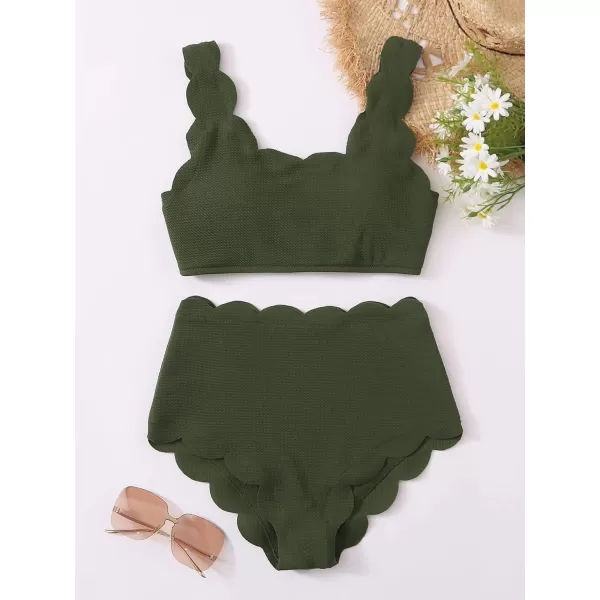 SweatyRocks Women's 2 Pieces Swimsuit High Waist Scalloped Trim Lace Up Bikini Set