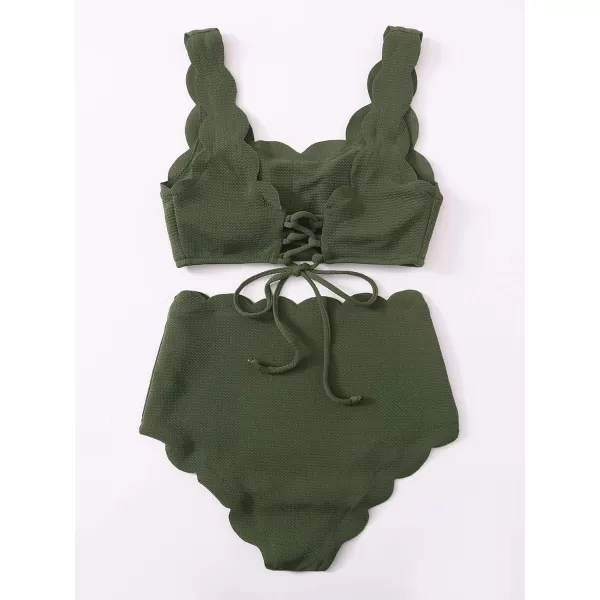 SweatyRocks Women's 2 Pieces Swimsuit High Waist Scalloped Trim Lace Up Bikini Set