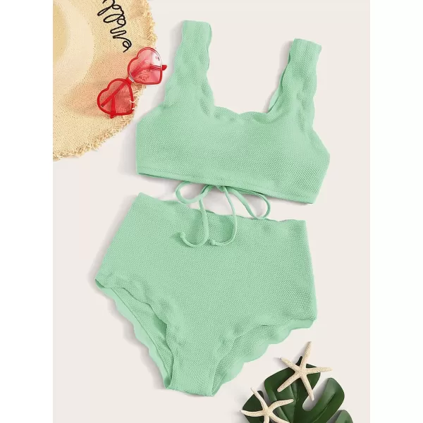 SweatyRocks Women's 2 Pieces Swimsuit High Waist Scalloped Trim Lace Up Bikini Set