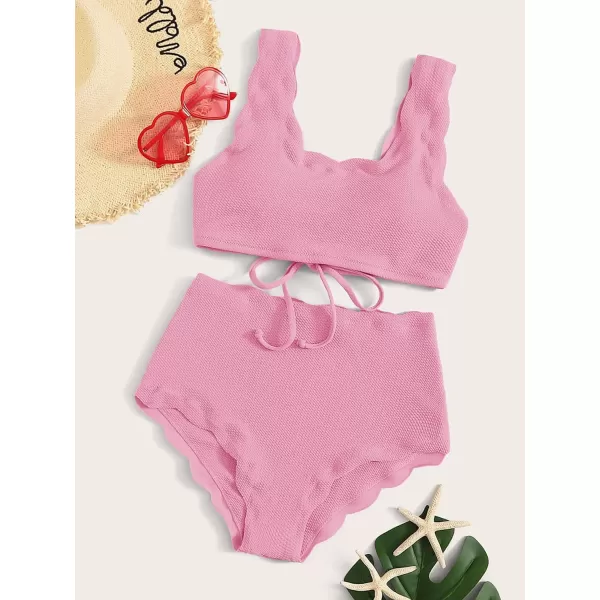 SweatyRocks Women's 2 Pieces Swimsuit High Waist Scalloped Trim Lace Up Bikini Set