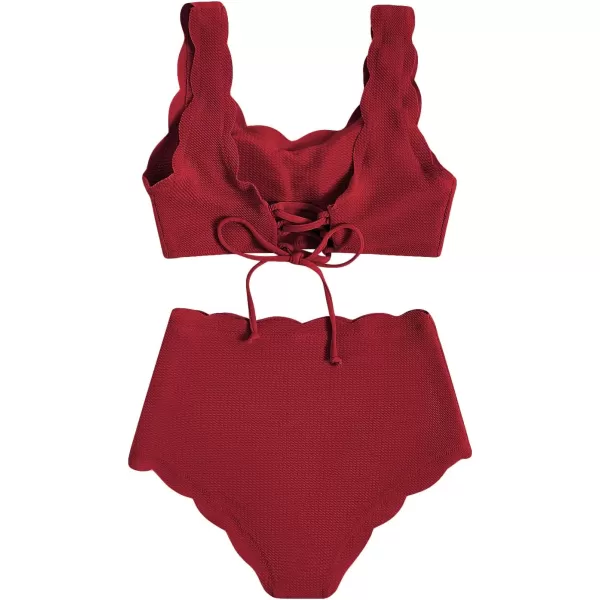 SweatyRocks Women's 2 Pieces Swimsuit High Waist Scalloped Trim Lace Up Bikini Set