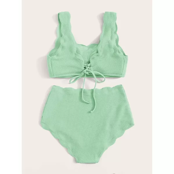 SweatyRocks Women's 2 Pieces Swimsuit High Waist Scalloped Trim Lace Up Bikini Set