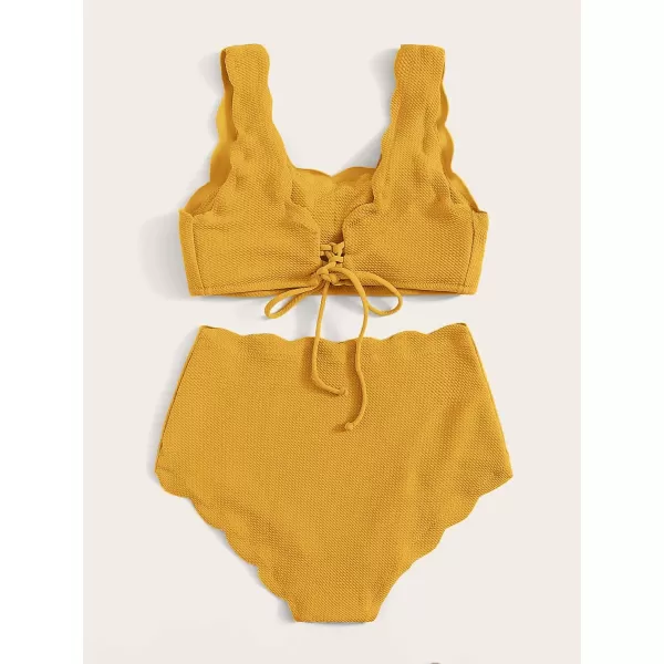 SweatyRocks Women's 2 Pieces Swimsuit High Waist Scalloped Trim Lace Up Bikini Set