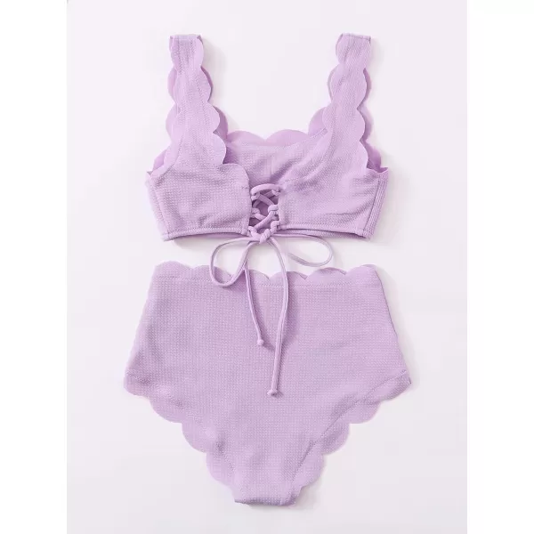 SweatyRocks Women's 2 Pieces Swimsuit High Waist Scalloped Trim Lace Up Bikini Set