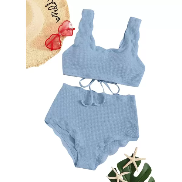 SweatyRocks Women's 2 Pieces Swimsuit High Waist Scalloped Trim Lace Up Bikini Set