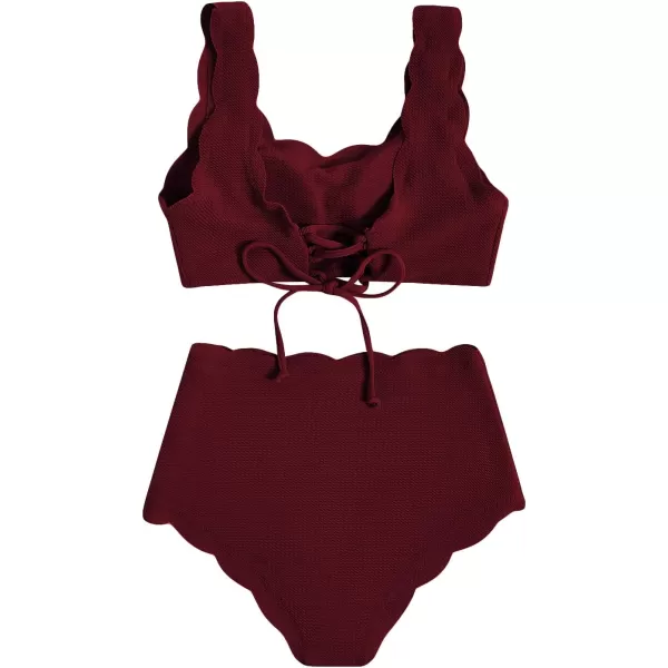 SweatyRocks Women's 2 Pieces Swimsuit High Waist Scalloped Trim Lace Up Bikini Set